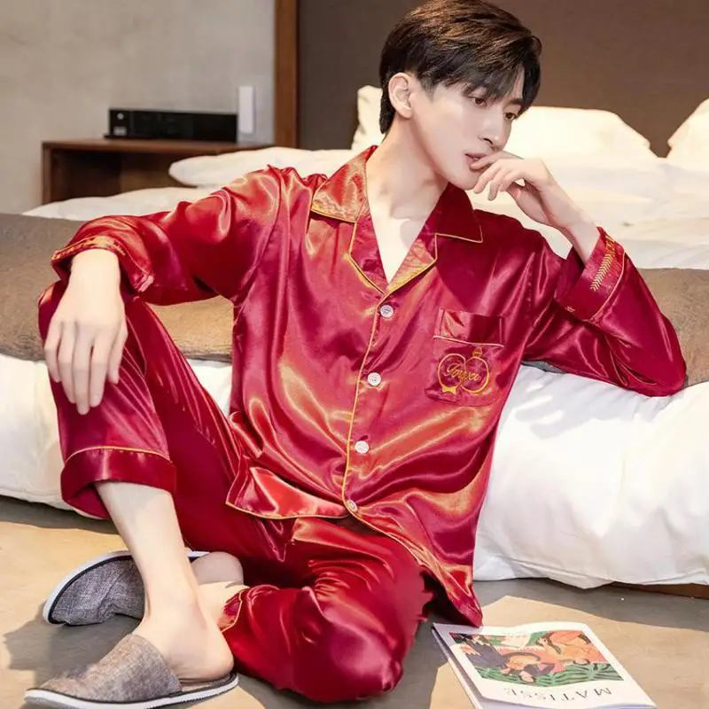 Casual Sleep Set Embroidery Men Pajamas Set Satin Lapel Sleepwear Loose Big Size 2PCS Shirt&Pant Long Sleeve Collar Home Clothes