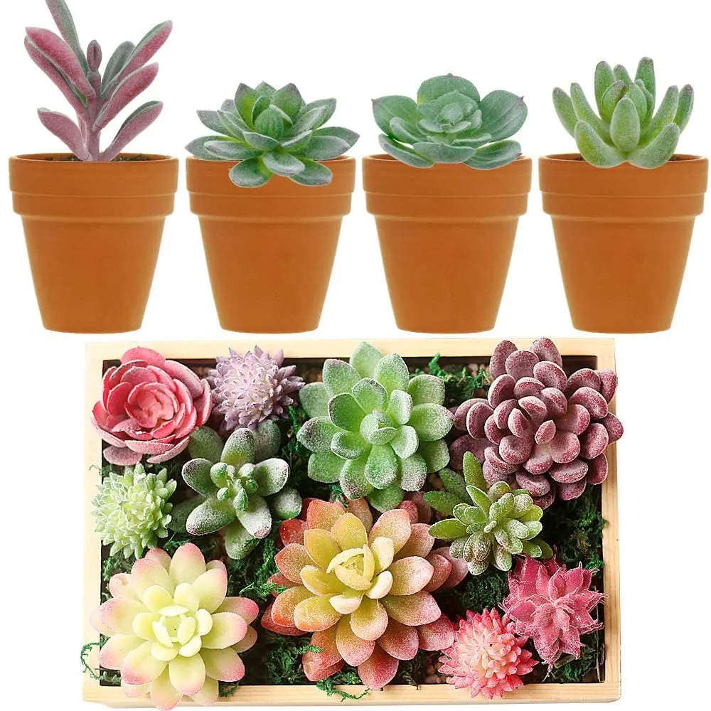 16 Pcs Artificial Succulent Mini Fake Flocking Cacti Plants Lotus Landscape Decorative Garden Wreath Arrangement Home Decor