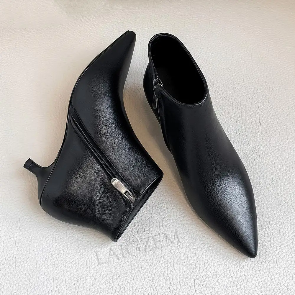 LAIGZEM FASHION Women Ankle Boots Genuine LEATHER Side Zip 4.5CM Kitten Heels Booties Ladies Shoes Woman Big Size 33 38 39 40