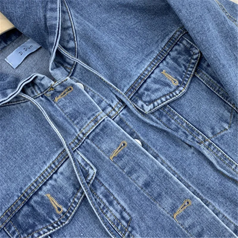 Jeans Jacket Women Korean Casual Fashion Hooded Denim Jackets Short Coat Pocket Drawstring Loose Jeans Coat Female Spring Autumn