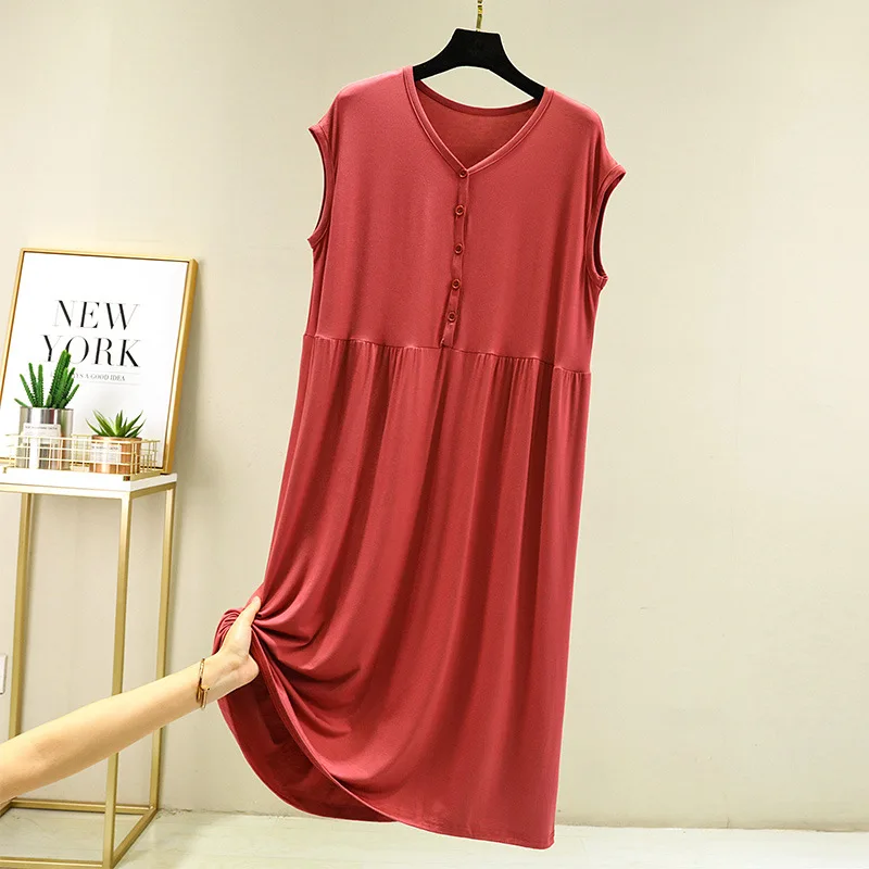 Buttons Large Size Loose Nightgowns For Women Sexy V Neck Sleeveless Long Dress Summer Nightdress Female Lounge Night Shirt