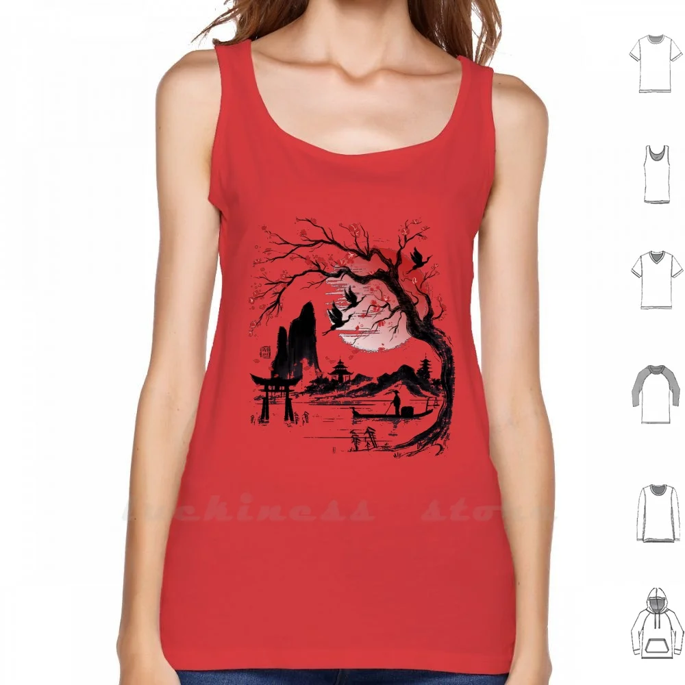 Japan Dream Tank Top Vest Sleeveless Cotton Japan Sketch Landscape Red Sun Sakura