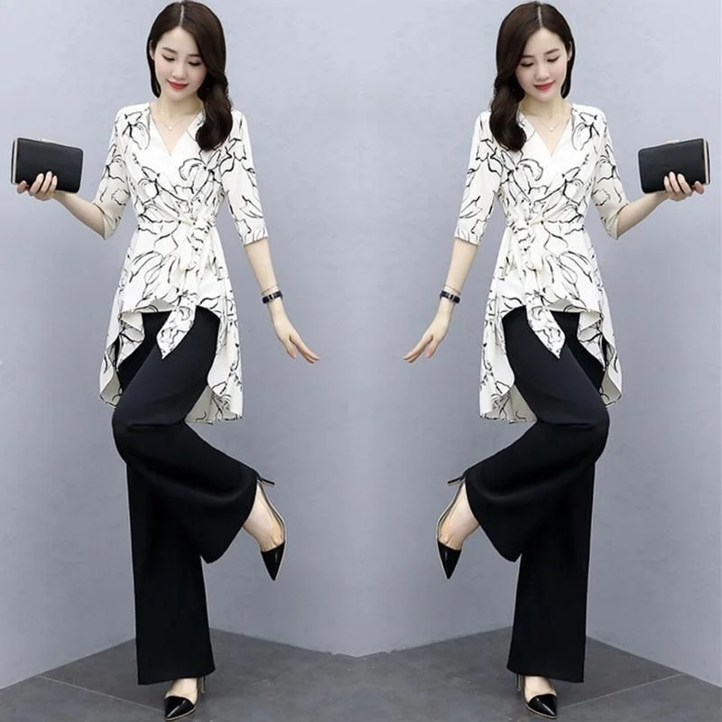 Women\'s Suit 2022 Summer New Elegant Short Sleeve Fashion Loose Crop Top High Waist Wide Leg Pants 2 Piece Set Plus Size Clothes