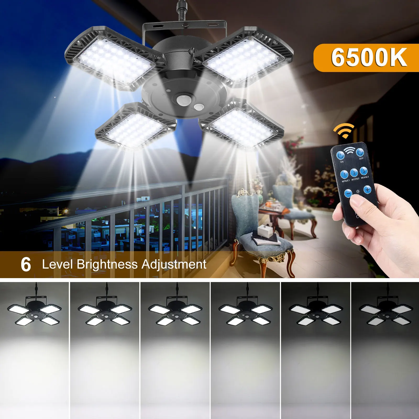 Solar Pendant Light with Remote Control Outdoor Solar Powered LED Sensor Lamp Dimmable Security Light for Garage Garden Porch