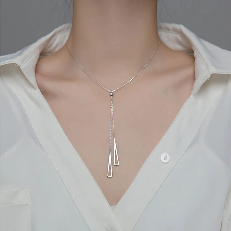 New 925 Sterling Silver Geometric Triangle Necklace for Women Adjustable Clavicle Chain sweater chain Rope chain Jewelry Gifts