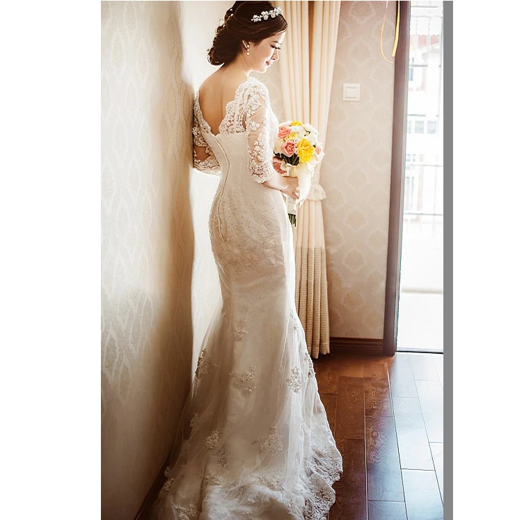 Ba Phần Tư Tay Casamento Chữ V Gợi Cảm Đầm Vestido De Noiva Áo Dài Cô Dâu Ren Appliques Nàng Tiên Cá 2018 Mẹ Của Cô Dâu Đầm