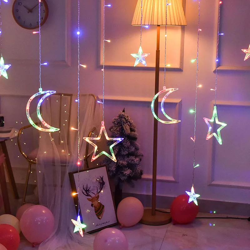 220V EU Plug Moon Star LED Curtain Garlands String Lights Christmas Outdoor Twinkle Muslim Party Holiday Ramadan Decoration