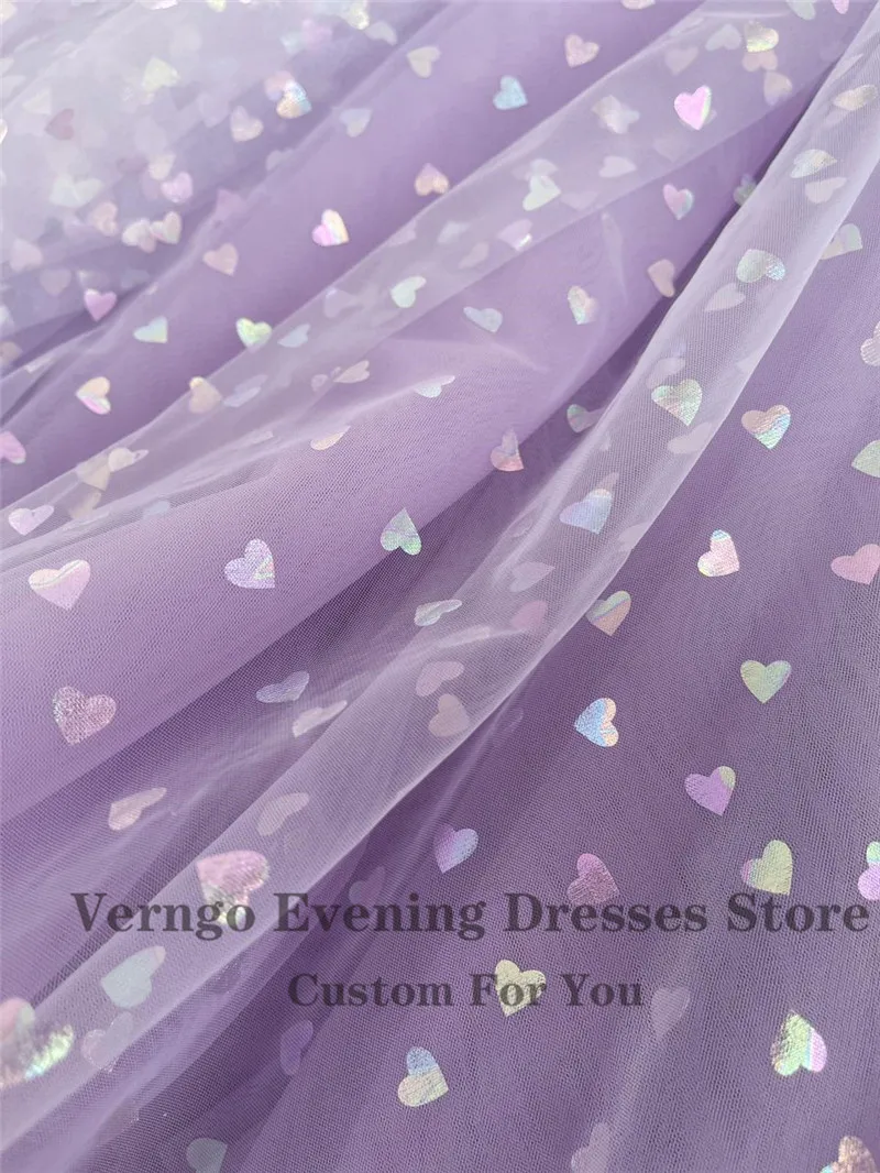 Verngo 2021 Bright Lavender Tulle With Heart Prom Dresses Off the Shoulder Straps Corset Boning Tea Length Formal Party Gown