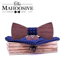Men's Plaid Wooden Bow Tie Set Striped Wood Bowtie Handkerchief Cufflinks Sets With Wood Box For Men Wedding Gift