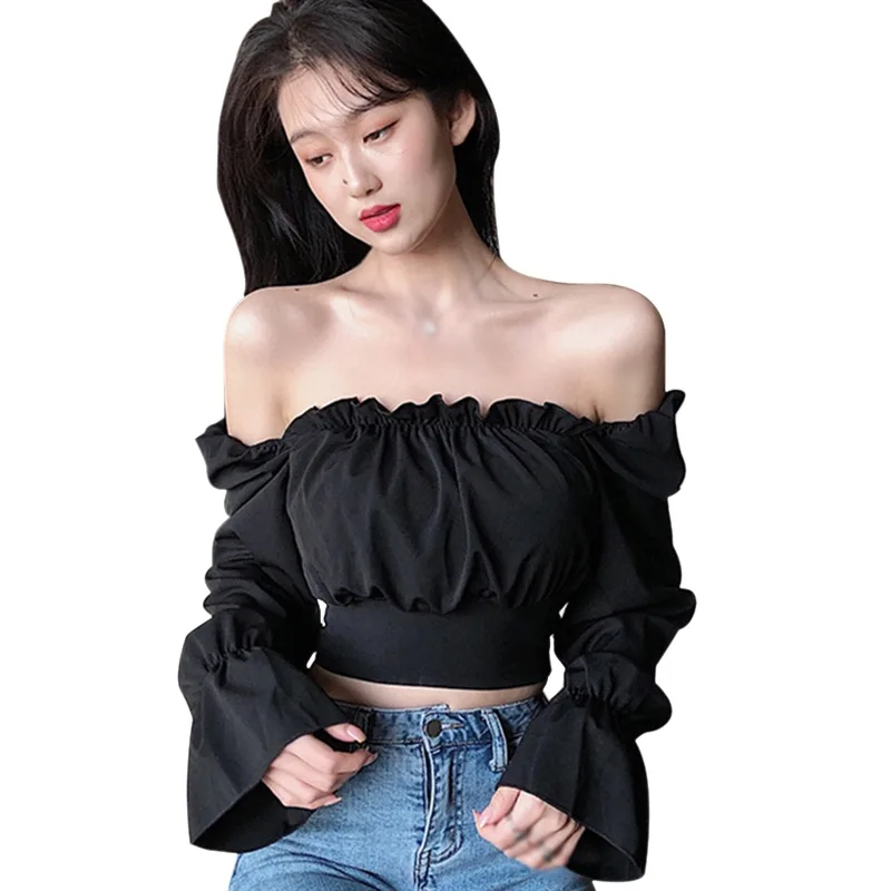 Autumn Women's Solid Color Shirt Slash Neck Sexy Bandage Navel Exposed Long Sleeve Blouses Tops