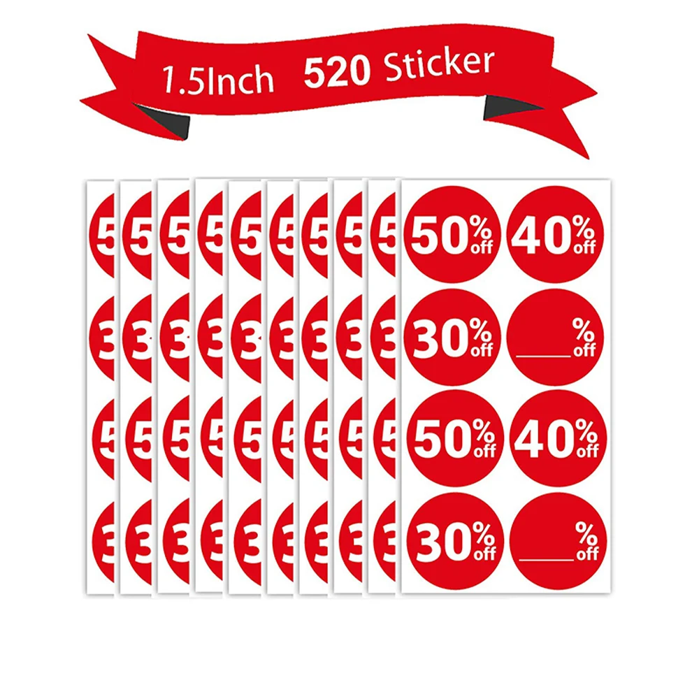 Business Discount Sale Sticker 50 40 30 Blank% 1.5 Inch Half Price Label 520 Pcs Cause Attention For Retail Store Tag Promtion