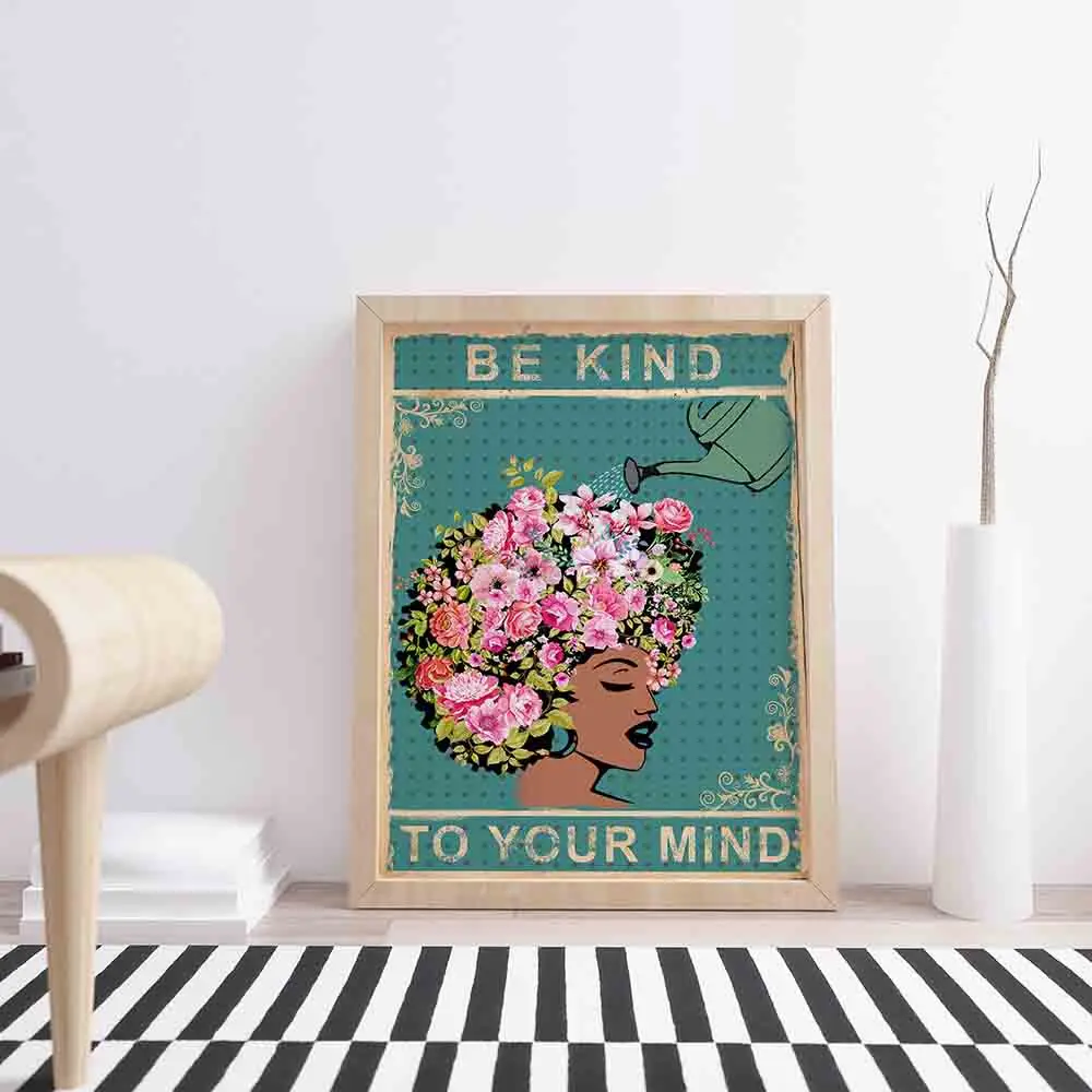 Vintage Canvas Painting Be Kind To Your Mind Quote Posters Minimalist Prints Bedroom African Queen Wall Art Black Home Decor