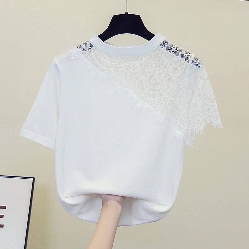 size M-4XL women sexy lace kint sweater 2022 short sleeve o neck fashion Patchwork Summer thin kint Oversized pullover female