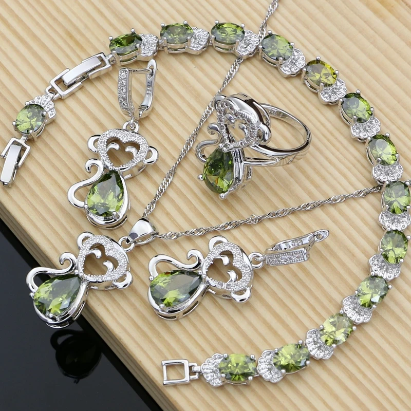 

925 Sterling Silver Bridal Jewelry Sets Gemstone Olive Green Topaz Monkey Jewelry for Women Bracelet Kit Earrings and Ring