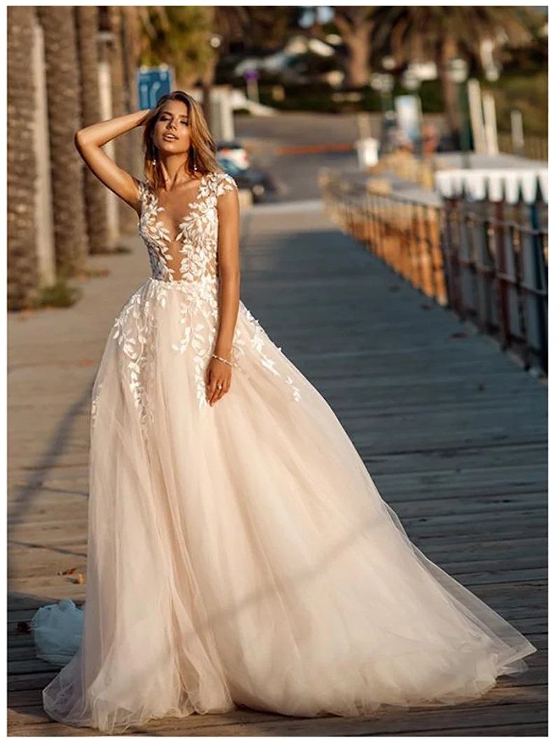 Boho Wedding Dress 2024 Lace Appliques Beach Illusion Back Puff Tulle Bride Gowns Backless vestidos de noiva