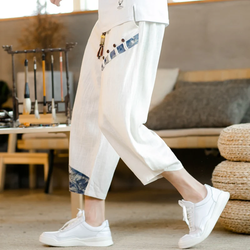 

Chinese style loose cropped trousers men Stitching Summer thin section fashion linen casual pants Large size 5XL wide leg pan