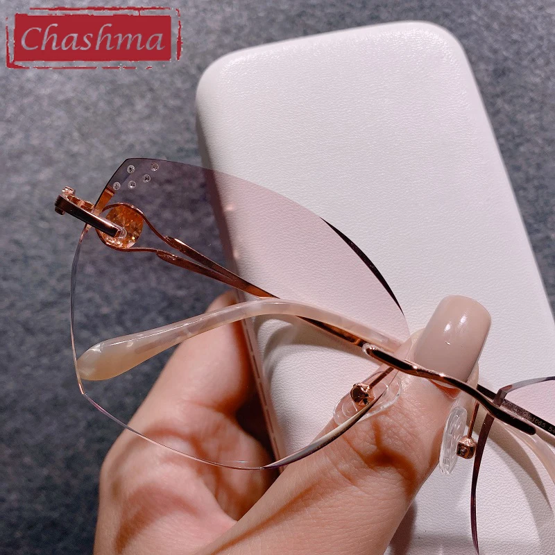 Chashma Rimless Light Frame Diamond Stones Trend Eyeglasses Titanium UV400 Protection Colored Sunglasses Spectacles for Women