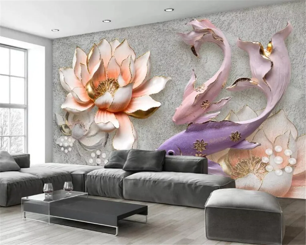 

beibehang Customized papier peint modern minimalist living room sofa wallpaper new Chinese relief lotus fish retro background