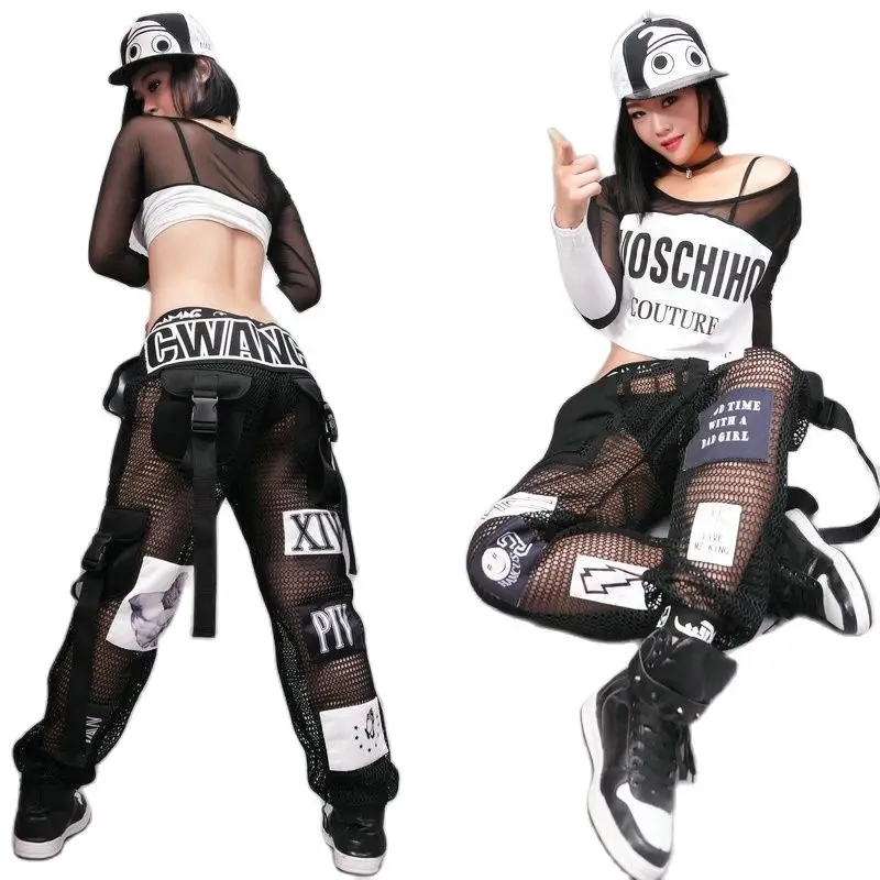 Kostiumy do tańca jazzowego moda seksowna siatka spodnie odzież Hip hopowa dla dorosłych taniec uliczny spodnie klub nocny nowoczesny strój sceniczny — zdjęcie 2