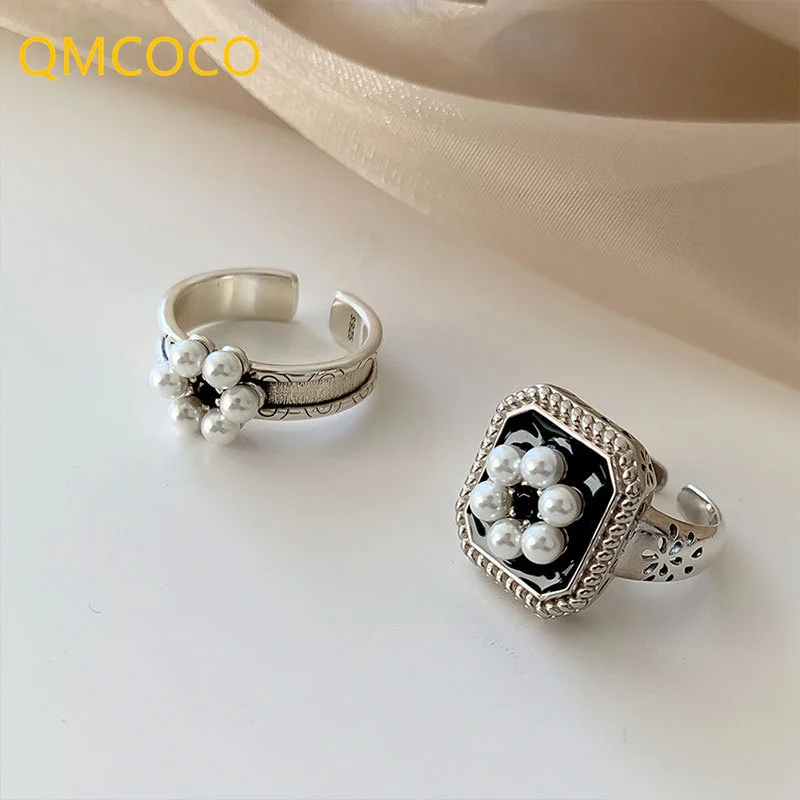 QMCOCO Silver  Color Ladies Fashion Vintage  Rings For Women With Pearl Square  Ring Jewelry Wedding Gift 