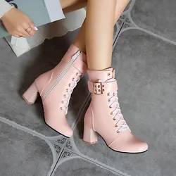 YQBTDL Fashion Sweet Woman Shoes High Heel Buckle Strap Cross Tied Lace Up Autumn Winter Booties Pink White Black Ankle Boots 43