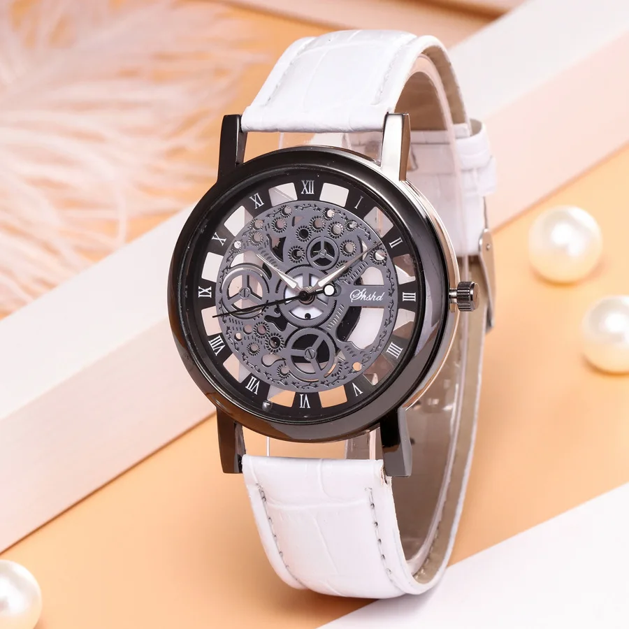 Attractive Nice Pop Design Men PU Leather Mechanical Gear Watch High Quality Buckle Relogios masculinos Quartz Wristwatches