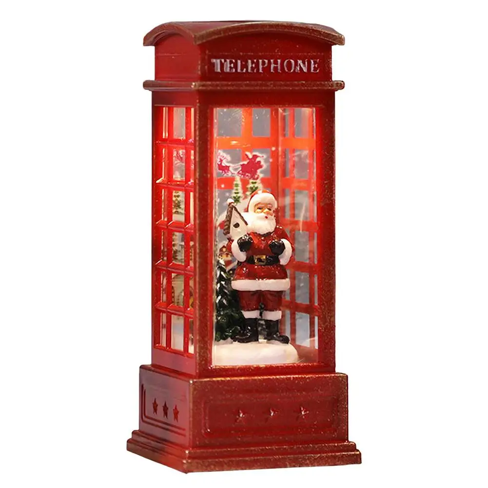 Red Vintage Luminous Christmas Phone Booth Lantern Christmas Tree Snowman Santa Claus Figurine In Telephone Booth Christmas De