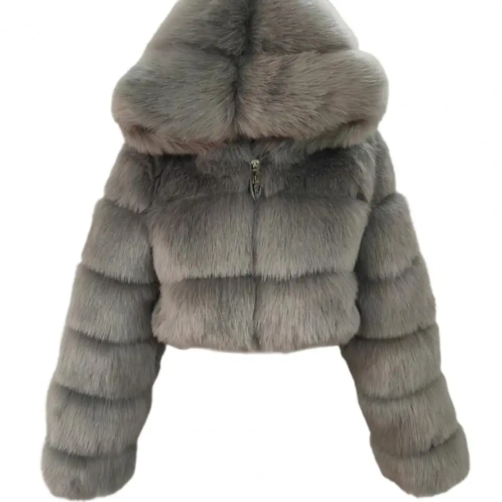 Faux Fur Women Jacket 2023 Fleece Warm Solid Color Patchwork Long Sleeve Hooded Zipper Coat Sexy Short Jacket