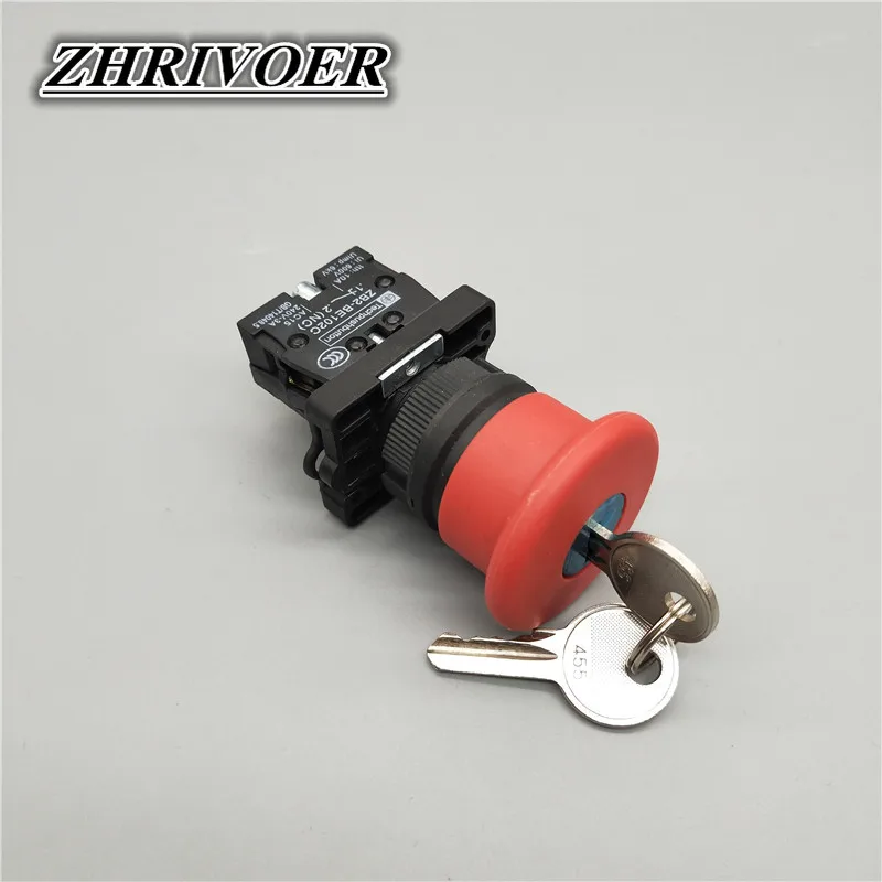 22mm XB2-ES142C 40mm Mushroom Head Emergency Stop Push Button Switch with Key 10A/600V