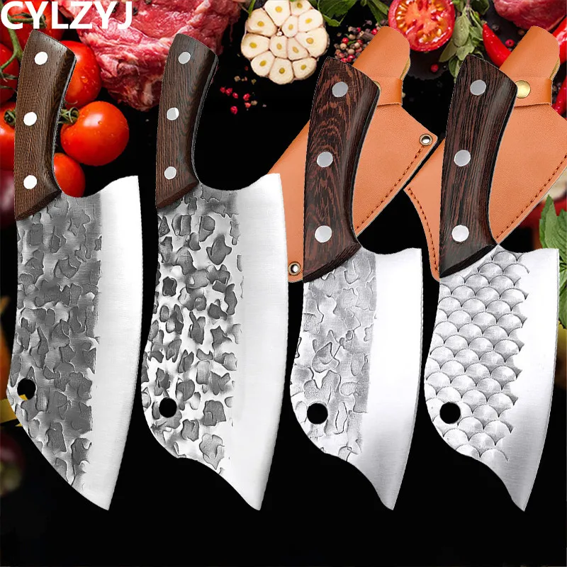 

Forged Kitchen Knife Hammer Stainless Steel Chef's Chopper Traditional Handmade Cooking Knives Wooden Meat Slicer Butcher Knife