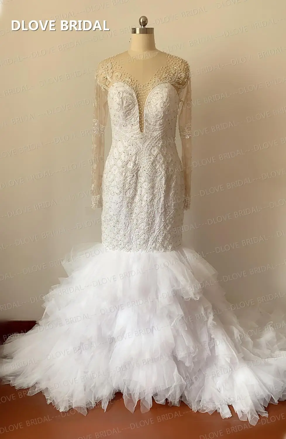 Di lusso Principali In Rilievo Della Sirena Abito Da Sposa Maniche Lunghe Ruffles Skirt Abito Da Sposa Custom Made