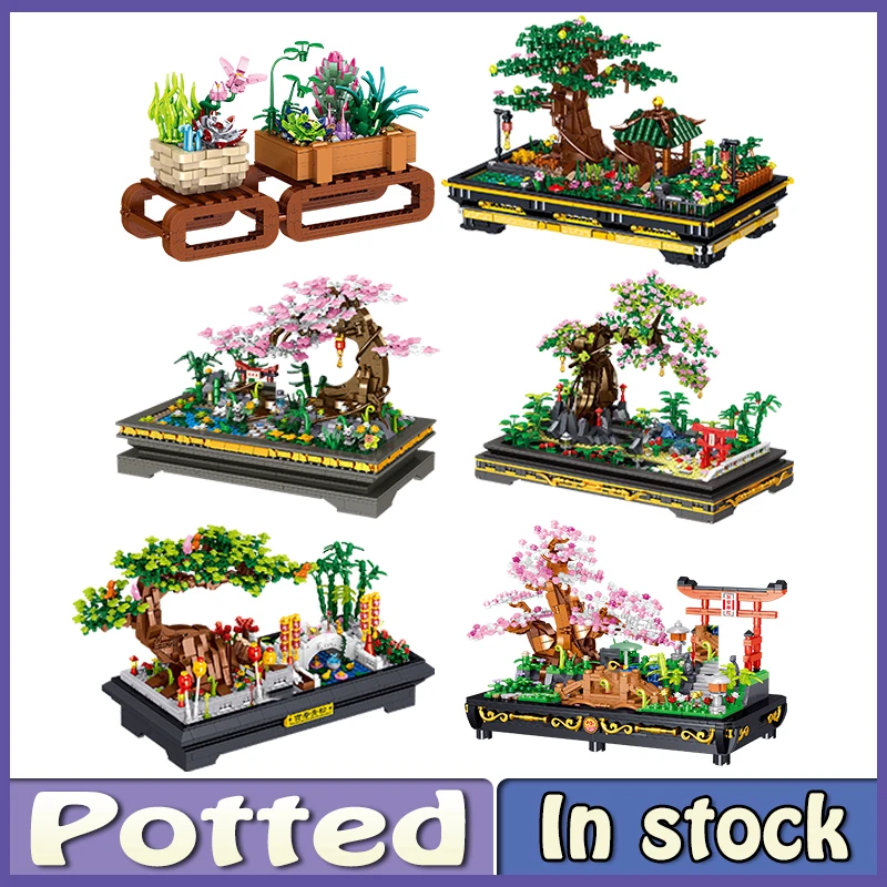 

Moc Simulation Plant Pine Cherry Blossom Potted Model Ornaments DIY Tree Flower Bonsai Assembly Mini Building Blocks Kid Toys