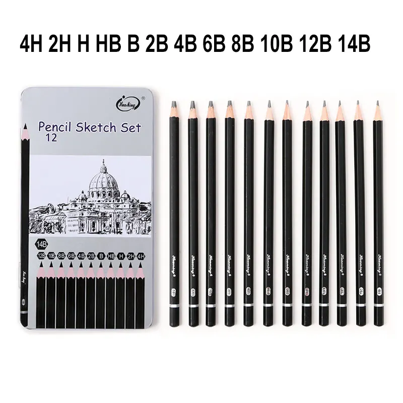 12Pcs/Set 2H-8B 4H-14B Sketch Drawing Pencil Soft /Medium/ Hard