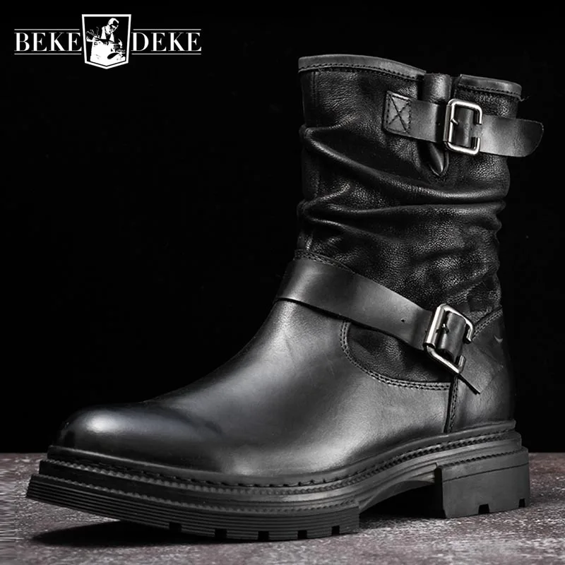 Retro Winter British Genuine Leather Mens Mid Calf Boots Belt Buckle Zipper Round Toe Thick Bottom Male Safety High Top Boots