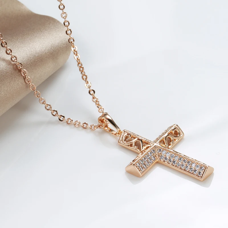 Kinel Exquisite Cross Necklaces 585 Rose Gold Micro Wax Inlay Natural Zircon Hollow Flower Necklaces For Women Vintage Jewelry