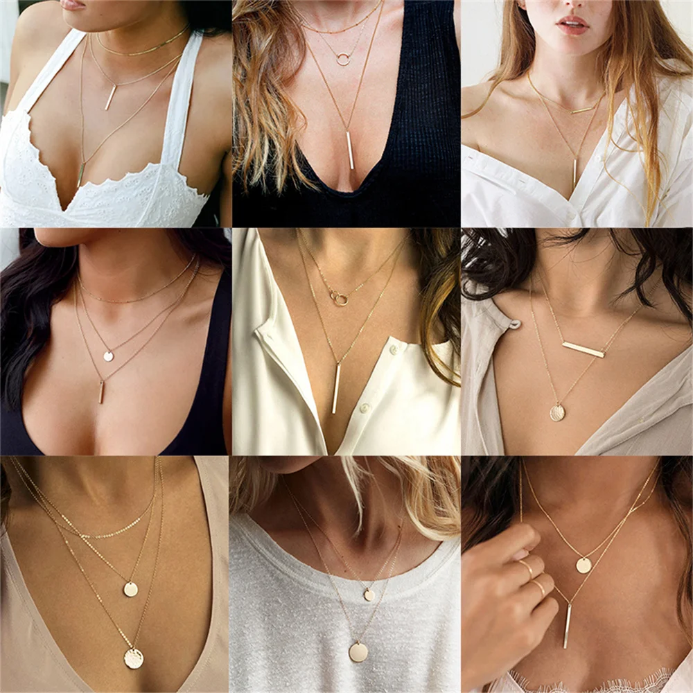 Fashion Multilevel Gold-plate Simple Geometric Rectangle Round Sequin Pendant Necklace For Women Female Chain Collar Jewely Gift