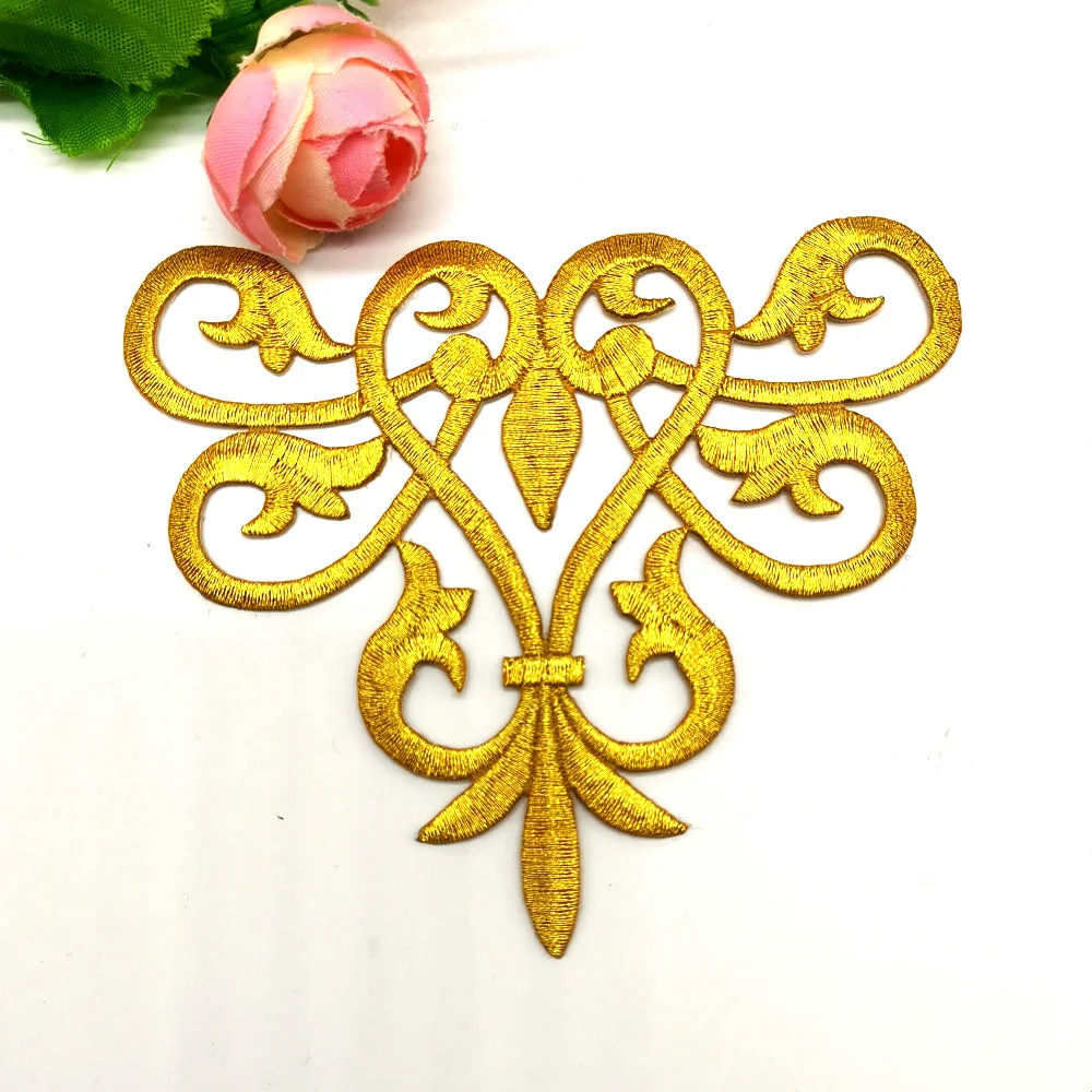 1 Piece Gold Embroidered Patches Iron On Flower Appliques For Garment Diy Trims Shiny Metallic Golden Accessories 11*9.5cm