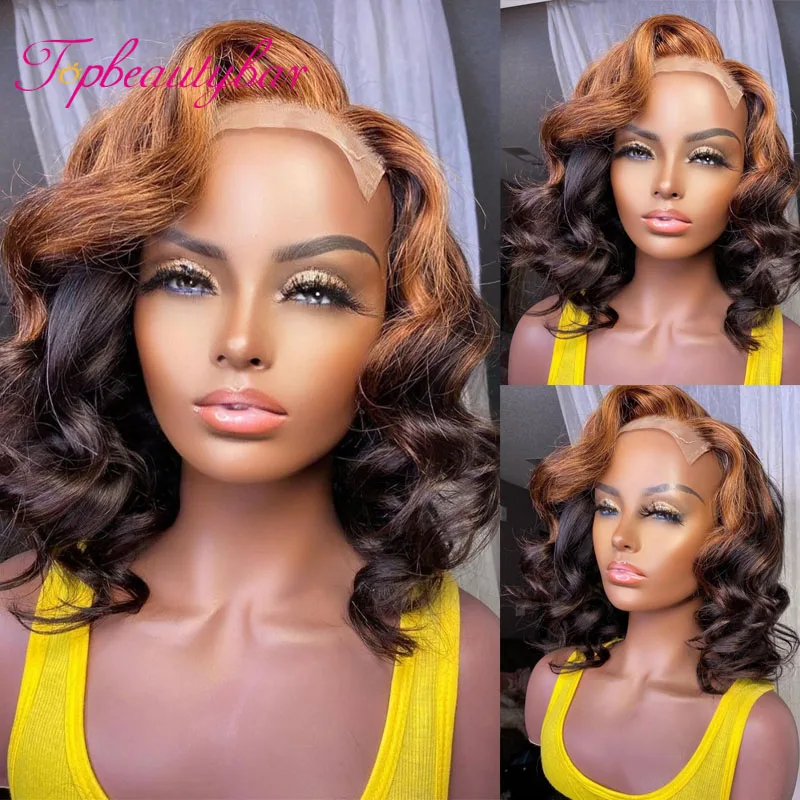 

Short Bob Wavy Highlight Honey Blonde 13x4 Lace Frontal Wig 180% Ombre Brazilian Remy Human Hair Wigs For Women Preplucked