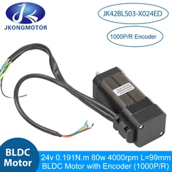 JKM JK42BLS03-X024ED Brushless DC Motor L=99mm 24V 80W 8-poles 0.191N.m BLDC Servo Motor with Encoder 1000P/R For DIY Design