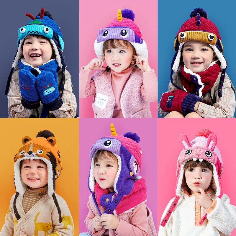 Cartoon Winter Double Layer Thickening Hats Children Warm Beret Hat Windproof Caps Glove And Scarf Sets For Outdoor Riding