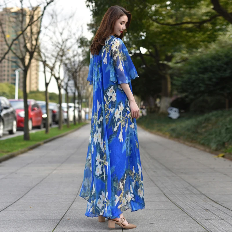 Vintage Chic Women Floral Print Beach Bohemian Maxi Dress Ladies scollo a V telai Chiffon Happie Boho Dress Vestidos Plus Size Robe