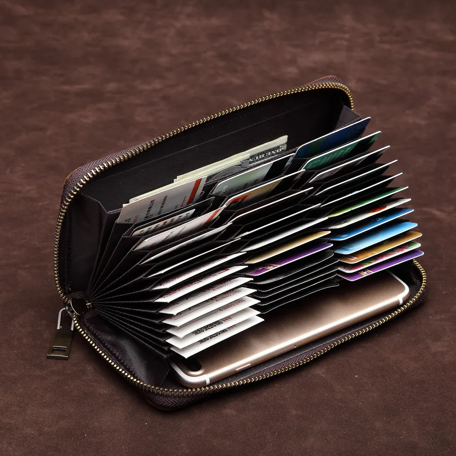 

SF8045 Men Business Long Purse Genuine Leather Credit Card Holder Wallet Women Zipper Pocket Unisex Card Case Zipper Coin Purse