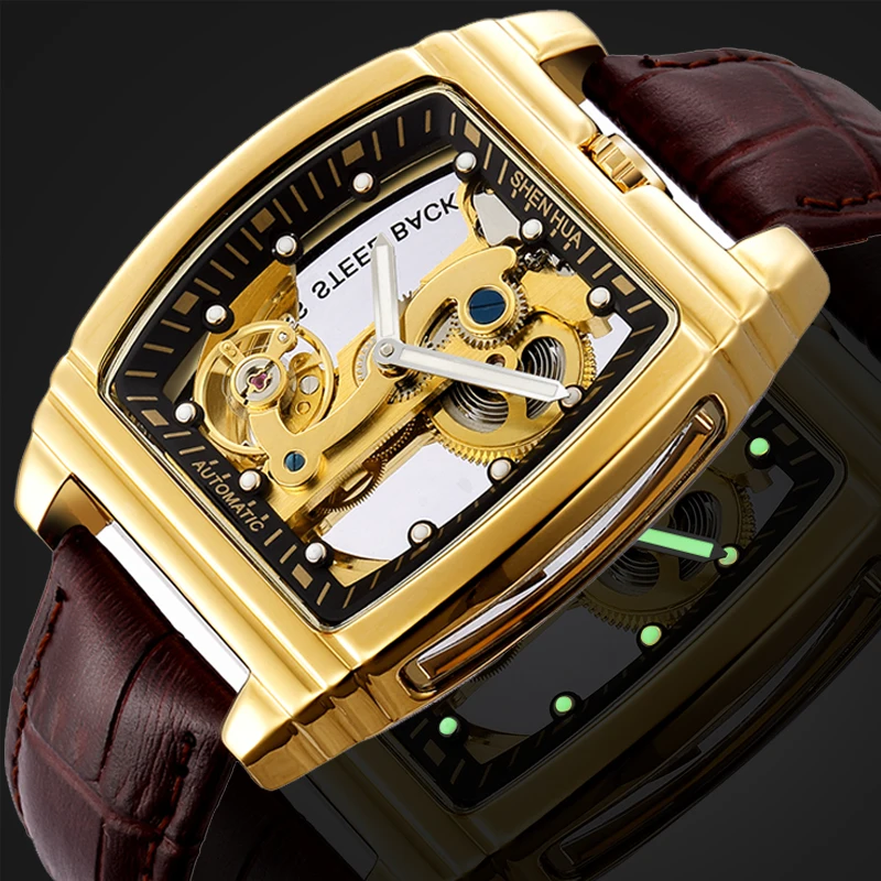 

SHENHUA Transparent Automatic Mechanical Watches Fashion Male Steampunk Skeleton Luxury Dial Turbillon Self-Wind Mens Watches