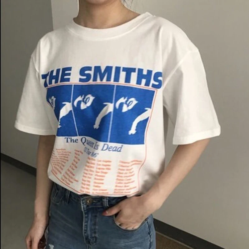 

Smith summer ins Vintgae letter print fashion tees ins Harajuku Ulzzang tops loose white punk female plus size T-shirt