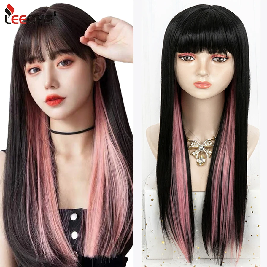 Synthetic Pink Wig 26inch Lolita Wig Pink And Black Wig Cosplay Halloween Girl Women Green Wig With Bangs Half Black Hairpieces