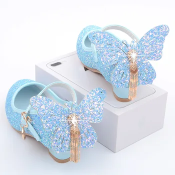 Nuove scarpe in pelle per bambini Moda con frange Nodo a farfalla Scarpe da principessa per ragazze Casual Glitter Scarpe da ballo per studenti con tacco alto per bambini