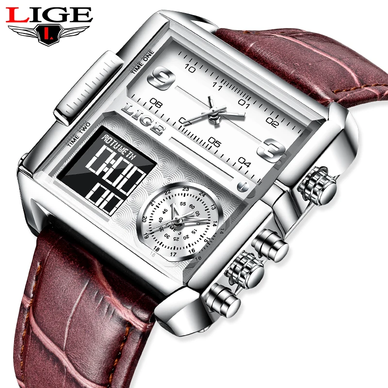 

LIGE Luxury Top Men Quartz Analog Digital Sport Watches Military LED Watch Men's Waterproof Clock Square Dial Leather Wristwatch