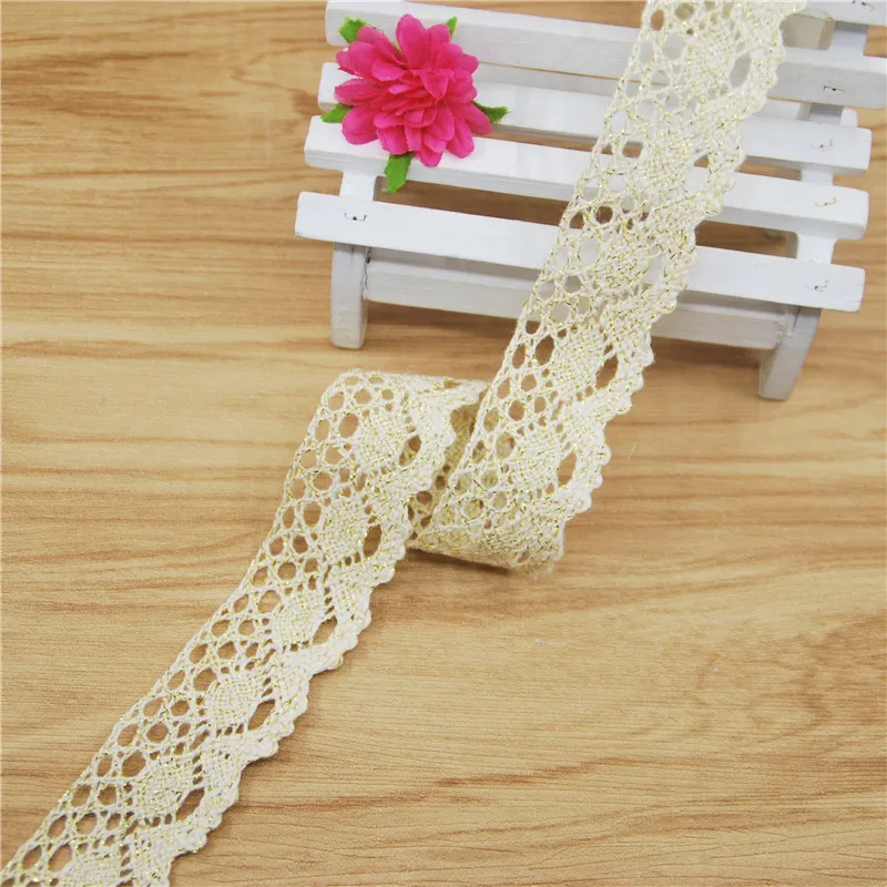 

FASMILEY Wholesale 30mm Cotton Lace Trim Ivory Gold Net Lace Ribbon DIY Lace Fabric Trimmings Costume Lace 200 yards LC209-R