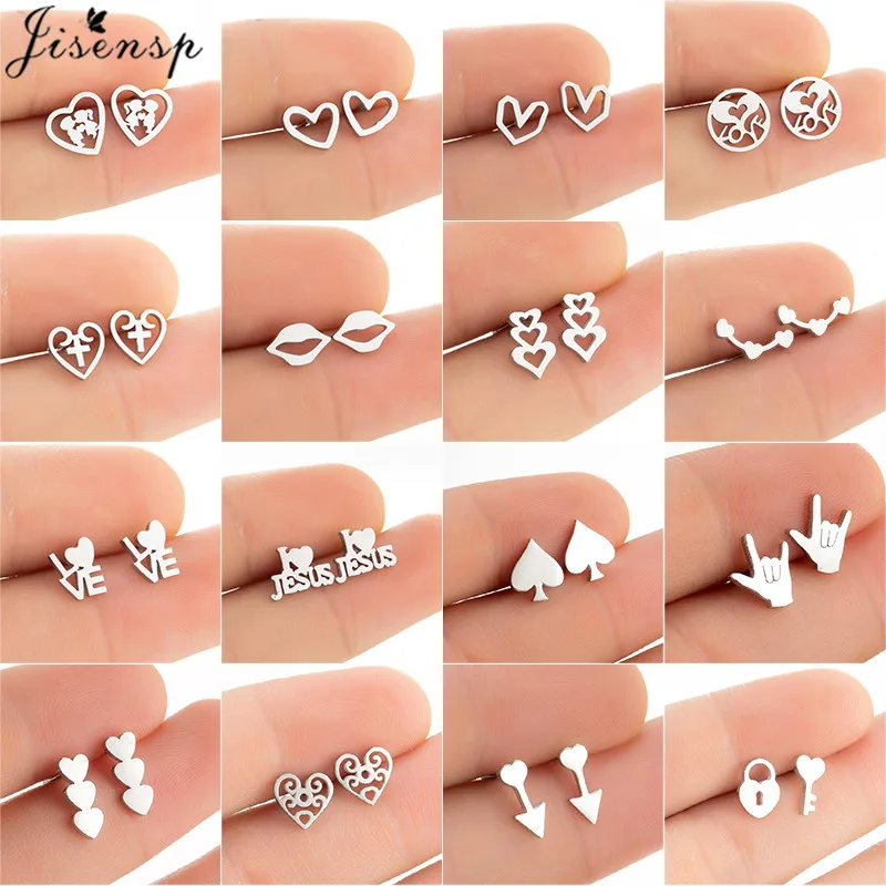 Korean Fashion Love Heart Small Earrings Women Stainless Steel Lock Key Arrow Ear Studs Minimalist Jewelry Valentine's Day Gifts