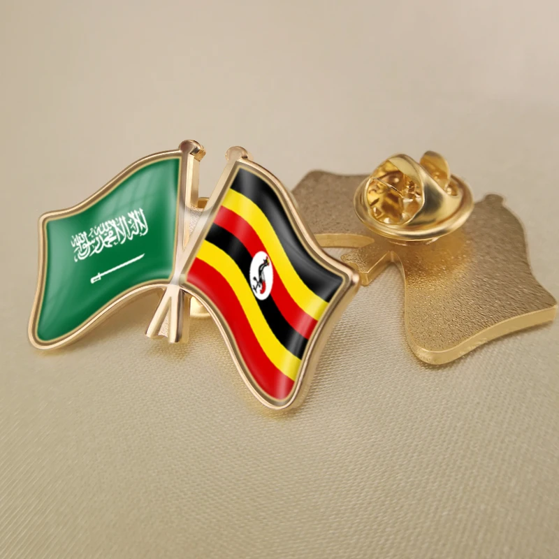 Saudi Arabia and Uganda Crossed Double Friendship Flags Lapel Pins Brooch Badges